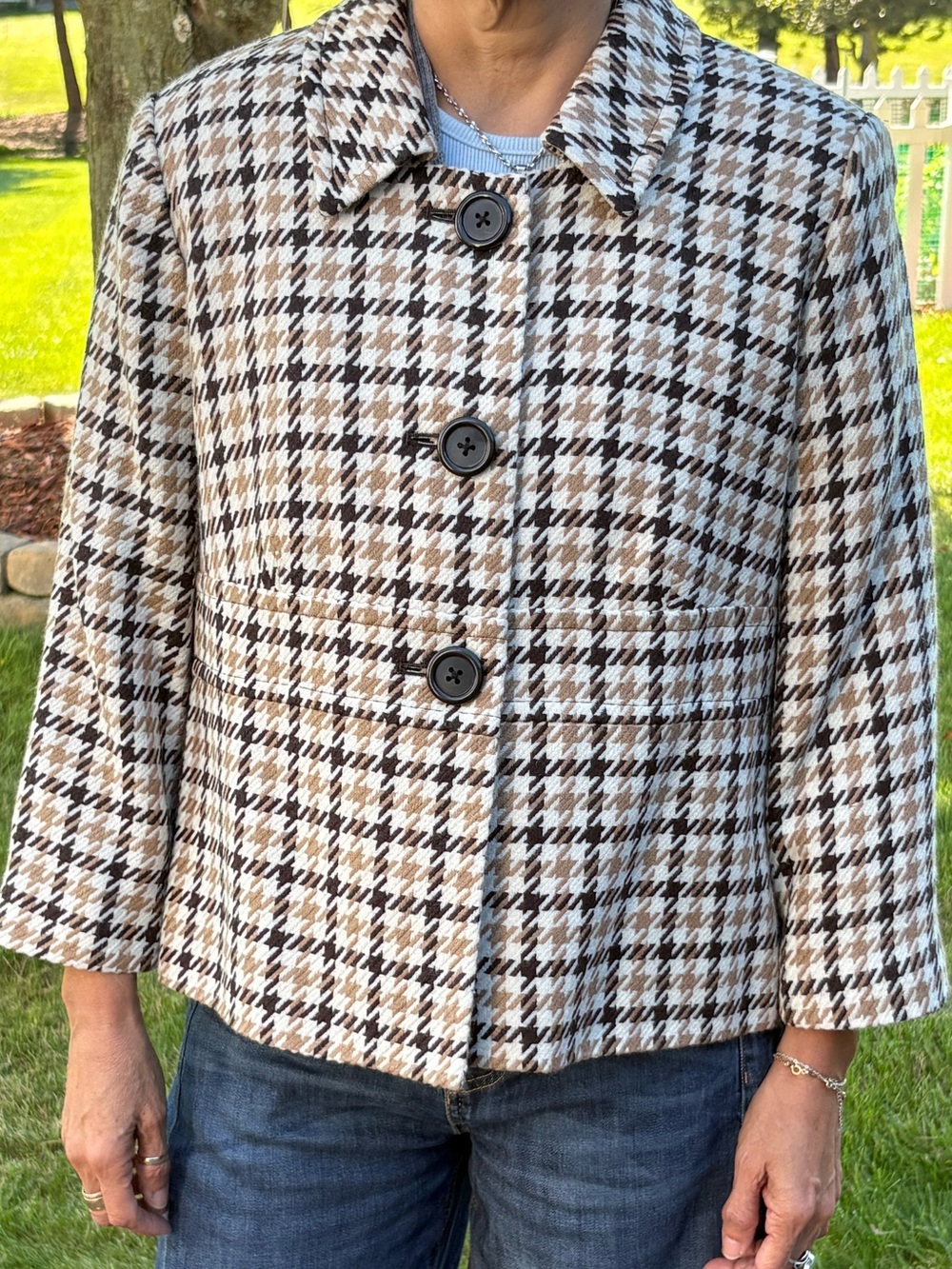 Tailored Houndstooth Blazer?/ Jacket in Brown & Cream with 3/4 Sleeves.